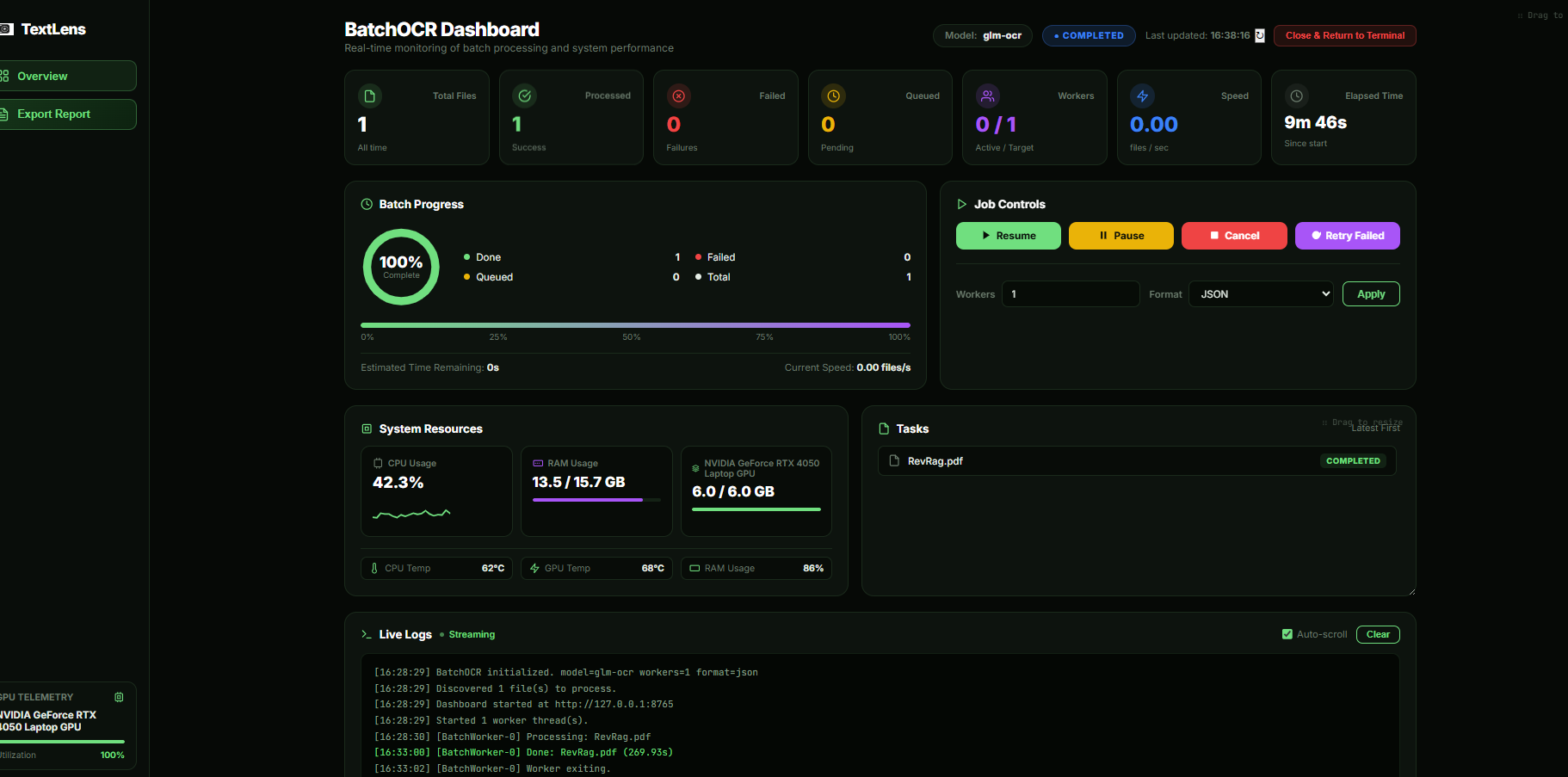 TextLens batch dashboard showing jobs, live logs and hardware telemetry